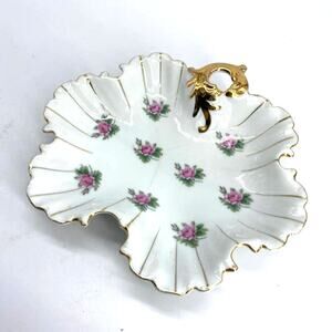 Ceramic Rose Pattern Nappy Trinket Dish Bowl Gold Gilt Handle Cottage Core